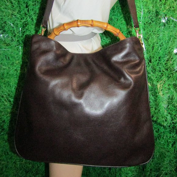 AUTHENTIC GUCCI BROWN LEATHER LARGE BAMBOO SHOULDER CROSSBODY BAG - Picture 6 of 15